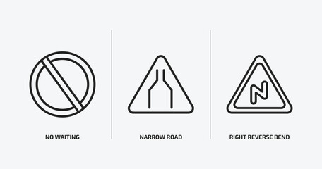Poster - traffic signs outline icons set. traffic signs icons such as no waiting, narrow road, right reverse bend vector. can be used web and mobile.