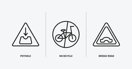 traffic signs outline icons set. traffic signs icons such as pothole, no bicycle, bridge road vector. can be used web and mobile.