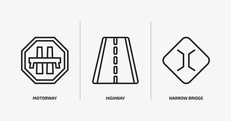 Poster - traffic signs outline icons set. traffic signs icons such as motorway, highway, narrow bridge vector. can be used web and mobile.
