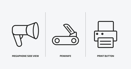 Poster - tools and utensils outline icons set. tools and utensils icons such as megaphone side view, penknife, print button vector. can be used web and mobile.