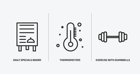 Poster - tools and utensils outline icons set. tools and utensils icons such as daily specials board, thermometers, exercise with dumbbells vector. can be used web and mobile.