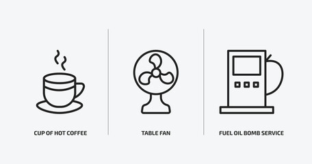 Poster - tools and utensils outline icons set. tools and utensils icons such as cup of hot coffee, table fan, fuel oil bomb service vector. can be used web and mobile.