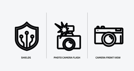 Poster - technology outline icons set. technology icons such as shields, photo camera flash, camera front view vector. can be used web and mobile.
