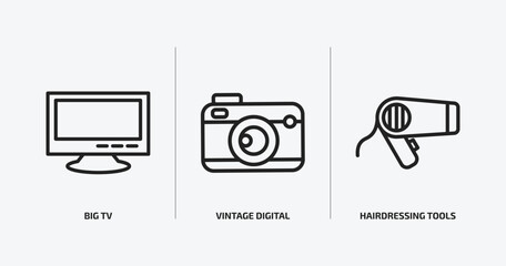 Poster - technology outline icons set. technology icons such as big tv, vintage digital camera, hairdressing tools vector. can be used web and mobile.