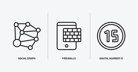 Poster - technology outline icons set. technology icons such as social graph, firewalls, digital number 15 vector. can be used web and mobile.