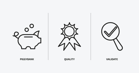 Poster - startup stategy and outline icons set. startup stategy and icons such as piggybank, quality, validate vector. can be used web and mobile.