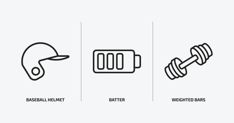 Poster - sports outline icons set. sports icons such as baseball helmet, batter, weighted bars vector. can be used web and mobile.