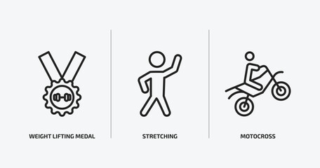 Poster - sports outline icons set. sports icons such as weight lifting medal, stretching, motocross vector. can be used web and mobile.