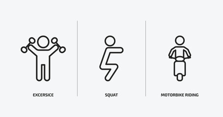 Poster - sports outline icons set. sports icons such as excersice, squat, motorbike riding vector. can be used web and mobile.