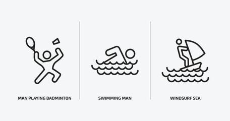 Poster - sports outline icons set. sports icons such as man playing badminton, swimming man, windsurf sea vector. can be used web and mobile.
