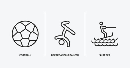 Poster - sports outline icons set. sports icons such as football, breakdancing dancer, surf sea vector. can be used web and mobile.