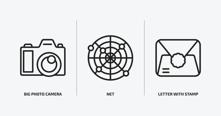 Poster - social media marketing outline icons set. social media marketing icons such as big photo camera, net, letter with stamp vector. can be used web and mobile.