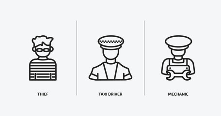 Poster - professions outline icons set. professions icons such as thief, taxi driver, mechanic vector. can be used web and mobile.