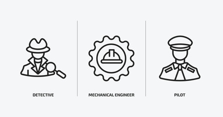 Poster - professions outline icons set. professions icons such as detective, mechanical engineer, pilot vecto