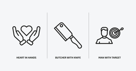 Poster - people outline icons set. people icons such as heart in hands, butcher with knife, man with target vector. can be used web and mobile.
