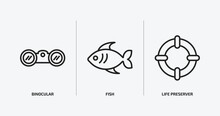 Nautical Outline Icons Set. Nautical Icons Such As Binocular, Fish, Life Preserver Vector. Can Be Used Web And Mobile.