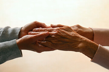 Cropped studio shot of elderly woman and female geriatric social worker holding hands. Women of different age comforting each other. Close up, background, copy space.