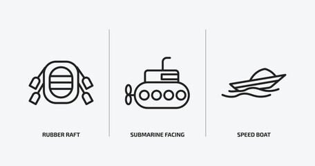 Poster - nautical outline icons set. nautical icons such as rubber raft, submarine facing right, speed boat vector. can be used web and mobile.