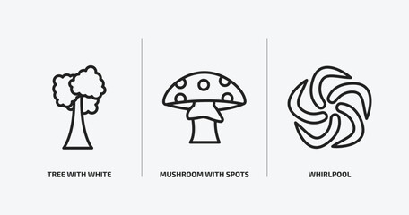 Poster - nature outline icons set. nature icons such as tree with white foliage, mushroom with spots, whirlpool vector. can be used web and mobile.