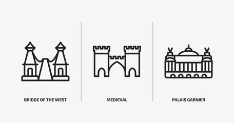 Poster - monuments outline icons set. monuments icons such as bridge of the west, medieval, palais garnier vector. can be used web and mobile.