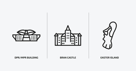 Poster - monuments outline icons set. monuments icons such as dpr/mpr building, bran castle, easter island vector. can be used web and mobile.
