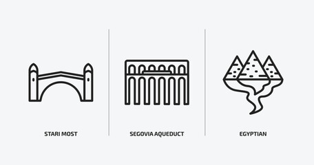 Poster - monuments outline icons set. monuments icons such as stari most, segovia aqueduct, egyptian vector. can be used web and mobile.