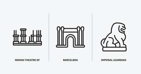 Poster - monuments outline icons set. monuments icons such as roman theatre of merida, barcelona, imperial guardian lion vector. can be used web and mobile.
