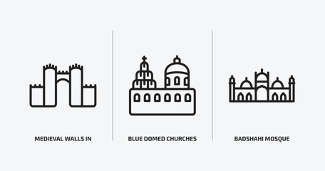 Poster - monuments outline icons set. monuments icons such as medieval walls in avila, blue domed churches, badshahi mosque vector. can be used web and mobile.