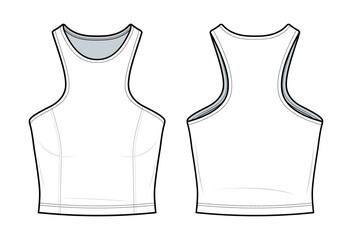 Wall Mural - crop tank top fashion flat technical drawing template. razer back tank top technical fashion Illustration. front, and back view. CAD mockup set.