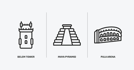 Poster - monuments outline icons set. monuments icons such as belem tower, maya pyramid, pula arena vector. can be used web and mobile.