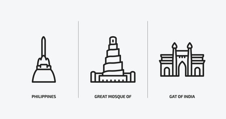 Poster - monuments outline icons set. monuments icons such as philippines, great mosque of samarra, gat of india vector. can be used web and mobile.