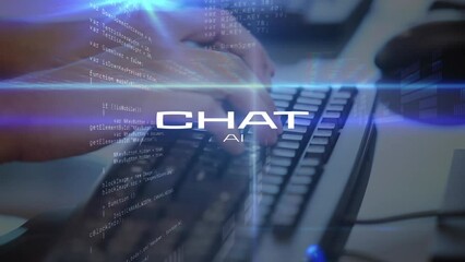 Poster - Animation of artificial intelligence text and data processing over caucasian man using computer