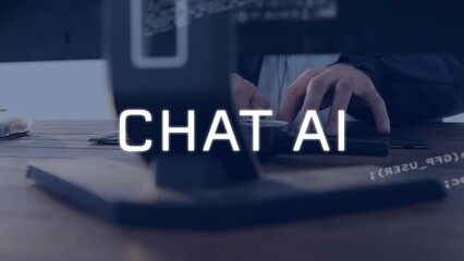Poster - Animation of artificial intelligence text and data processing over caucasian man using computer