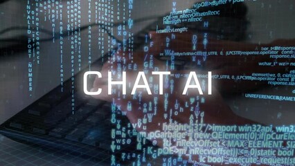 Poster - animation of artificial intelligence text and data processing over biracial woman using computer