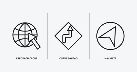 Poster - maps and flags outline icons set. maps and flags icons such as arrow on globe, curves ahead, navigate vector. can be used web and mobile.