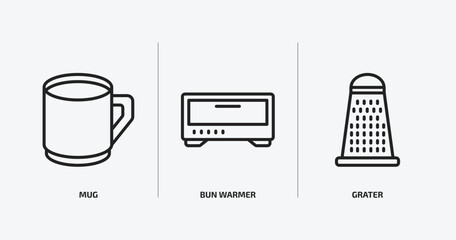 Poster - kitchen outline icons set. kitchen icons such as mug, bun warmer, grater vector. can be used web and