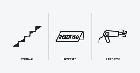 Poster - hotel and restaurant outline icons set. hotel and restaurant icons such as stairway, reserved, hairdryer vector. can be used web and mobile.