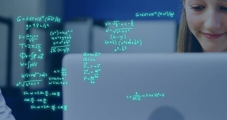 Poster - animation of equations and data processing over caucasian female student studying
