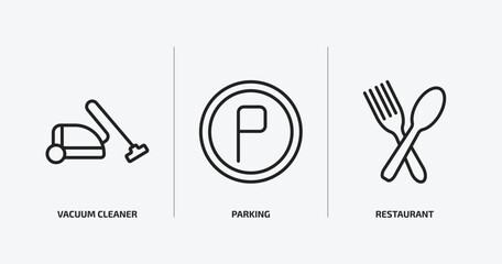 Poster - hotel and restaurant outline icons set. hotel and restaurant icons such as vacuum cleaner, parking, restaurant vector. can be used web and mobile.