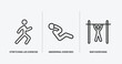 gym and fitness outline icons set. gym and fitness icons such as stretching leg exercise, abdominal exercises, bar exercising vector. can be used web and mobile.