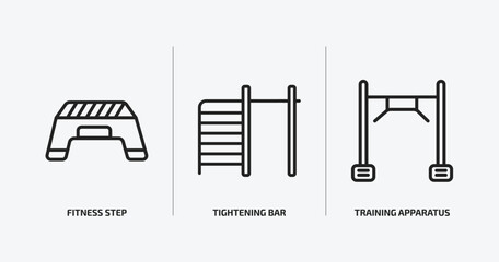 Poster - gym and fitness outline icons set. gym and fitness icons such as fitness step, tightening bar, training apparatus vector. can be used web and mobile.