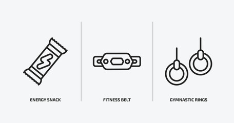 Poster - gym and fitness outline icons set. gym and fitness icons such as energy snack, fitness belt, gymnastic rings vector. can be used web and mobile.
