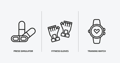 Poster - gym and fitness outline icons set. gym and fitness icons such as press simulator, fitness gloves, training watch vector. can be used web and mobile.