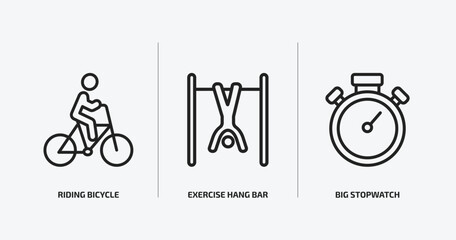 Poster - gym and fitness outline icons set. gym and fitness icons such as riding bicycle, exercise hang bar, big stopwatch vector. can be used web and mobile.