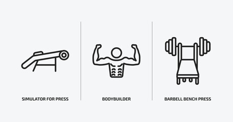 Poster - gym and fitness outline icons set. gym and fitness icons such as simulator for press, bodybuilder, barbell bench press vector. can be used web and mobile.