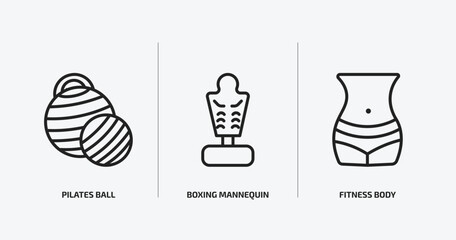 Poster - gym and fitness outline icons set. gym and fitness icons such as pilates ball, boxing mannequin, fitness body vector. can be used web and mobile.