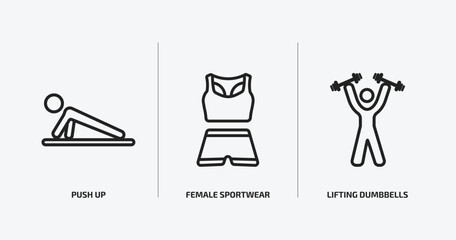 Poster - gym and fitness outline icons set. gym and fitness icons such as push up, female sportwear, lifting dumbbells vector. can be used web and mobile.