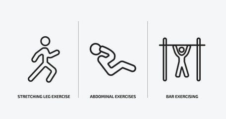 Wall Mural - gym and fitness outline icons set. gym and fitness icons such as stretching leg exercise, abdominal exercises, bar exercising vector. can be used web and mobile.