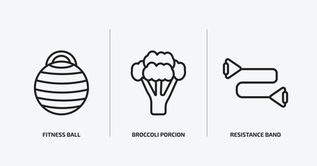 Poster - gym and fitness outline icons set. gym and fitness icons such as fitness ball, broccoli porcion, resistance band vector. can be used web and mobile.