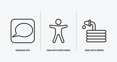 Poster - general outline icons set. general icons such as message app, man with open arms, hose with drops vector. can be used web and mobile.